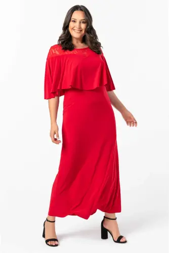 KL792 Lace Plus Size Maxi Evening Dress Red - 2