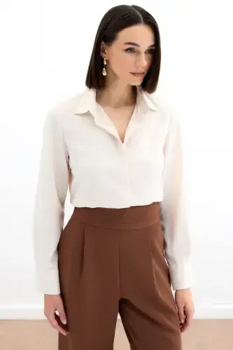 Klasik Düz Gömlek - Bej-BEJ - SATEEN (1)