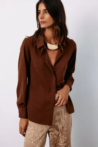 Klasik Düz Gömlek - Kahve-KAHVE - SATEEN (1)