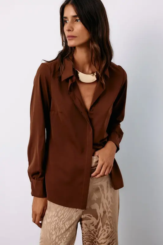 Klasik Düz Gömlek - Kahve-KAHVE - 2