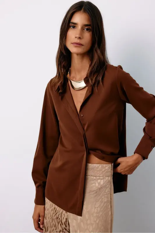 Klasik Düz Gömlek - Kahve-KAHVE - 4