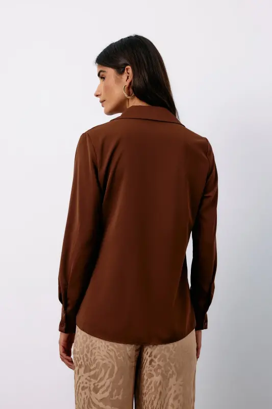 Klasik Düz Gömlek - Kahve-KAHVE - 5