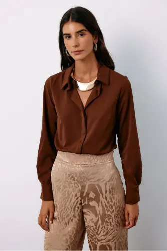 Klasik Düz Gömlek - Kahve-KAHVE - 3