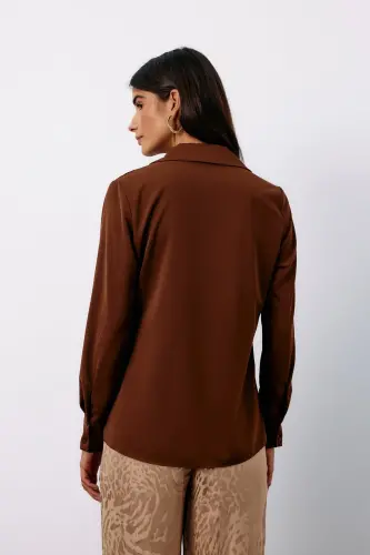 Klasik Düz Gömlek - Kahve-KAHVE - 5