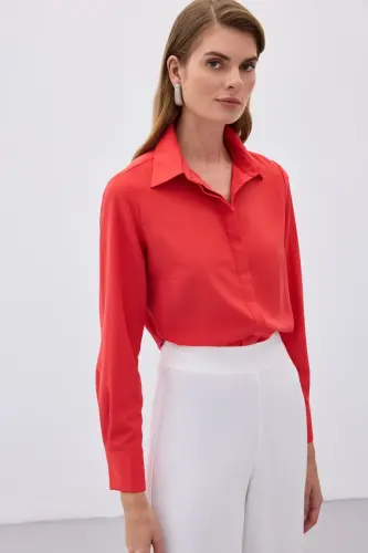 Klasik Düz Gömlek - Kırmızı-KIRMIZI - 1