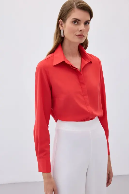 Klasik Düz Gömlek - Kırmızı-KIRMIZI - SATEEN