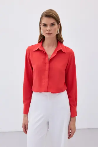 Klasik Düz Gömlek - Kırmızı-KIRMIZI - 3