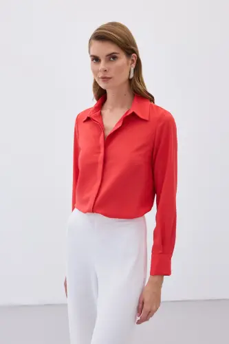 Klasik Düz Gömlek - Kırmızı-KIRMIZI - 4