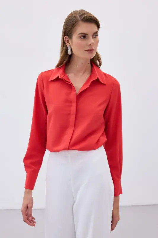 Klasik Düz Gömlek - Kırmızı-KIRMIZI - 5