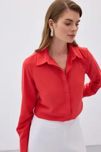 Klasik Düz Gömlek - Kırmızı-KIRMIZI - 7