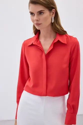 Klasik Düz Gömlek - Kırmızı-KIRMIZI - 6