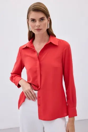 Klasik Düz Gömlek - Kırmızı-KIRMIZI - SATEEN (1)