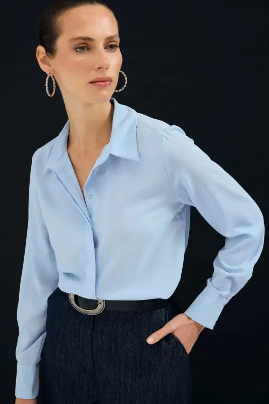 Klasik Düz Gömlek - Mavi - Mavi - SATEEN