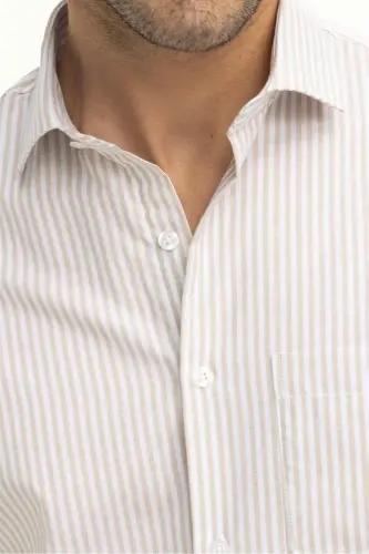 Klasik Fit Uzun Kollu Ince Çizgili Pamuklu Kravatlık Yaka Erkek Bej Gömlek-Bej - 3