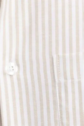 Klasik Fit Uzun Kollu Ince Çizgili Pamuklu Kravatlık Yaka Erkek Bej Gömlek-Bej - 5