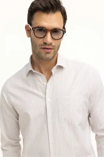 Klasik Fit Uzun Kollu Ince Çizgili Pamuklu Kravatlık Yaka Erkek Bej Gömlek-Bej 