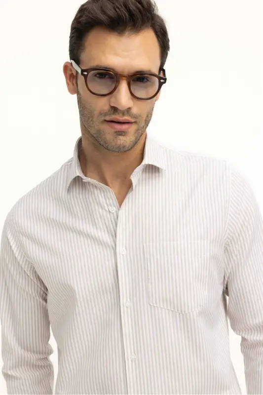 Klasik Fit Uzun Kollu Ince Çizgili Pamuklu Kravatlık Yaka Erkek Bej Gömlek-Bej - 1