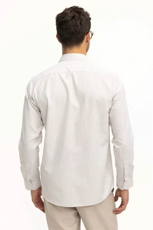 Klasik Fit Uzun Kollu Ince Çizgili Pamuklu Kravatlık Yaka Erkek Bej Gömlek-Bej - 4
