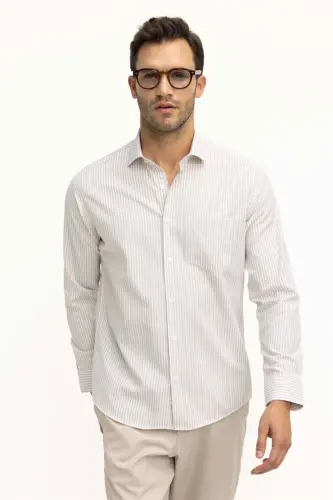 Klasik Fit Uzun Kollu Ince Çizgili Pamuklu Kravatlık Yaka Erkek Bej Gömlek-Bej - TUDORS (1)