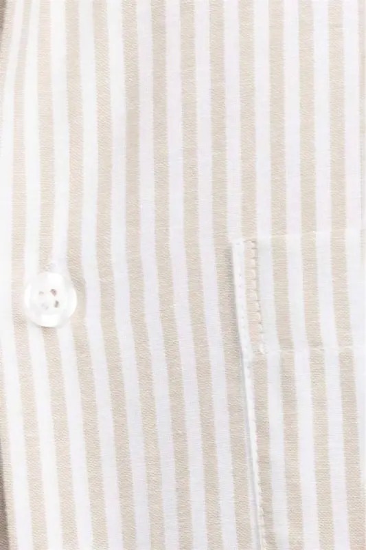 Klasik Fit Uzun Kollu Ince Çizgili Pamuklu Kravatlık Yaka Erkek Bej Gömlek-Bej - 5