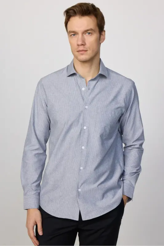 Klasik Fit Uzun Kollu Ince Çizgili Pamuklu Kravatlık Yaka Erkek Gri Gömlek-Gri - 1