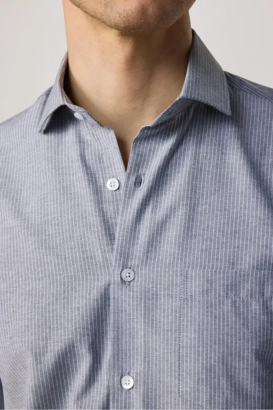 Klasik Fit Uzun Kollu Ince Çizgili Pamuklu Kravatlık Yaka Erkek Gri Gömlek-Gri - 4