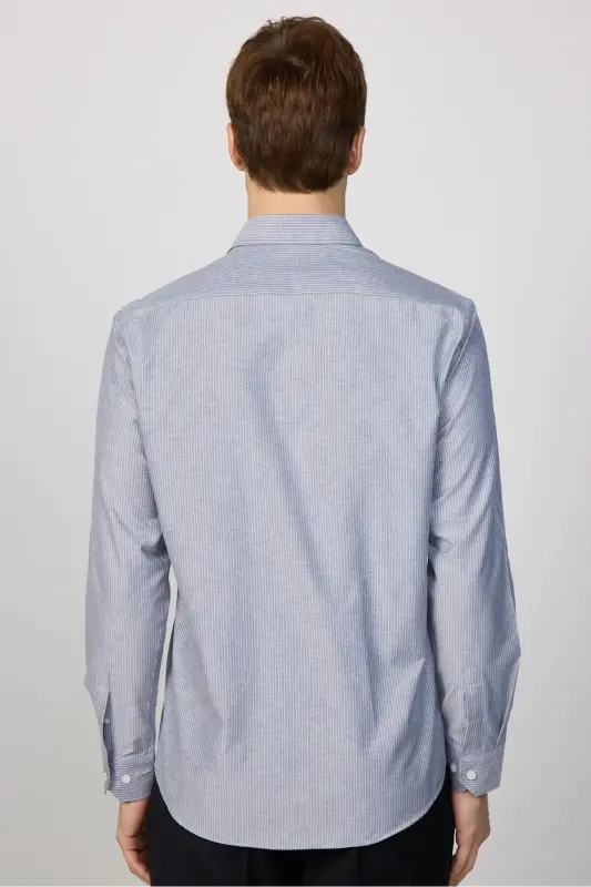 Klasik Fit Uzun Kollu Ince Çizgili Pamuklu Kravatlık Yaka Erkek Gri Gömlek-Gri - 5