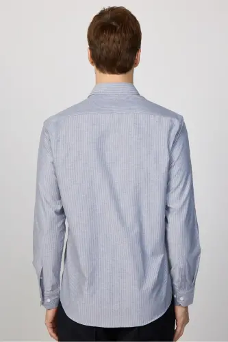 Klasik Fit Uzun Kollu Ince Çizgili Pamuklu Kravatlık Yaka Erkek Gri Gömlek-Gri - 5