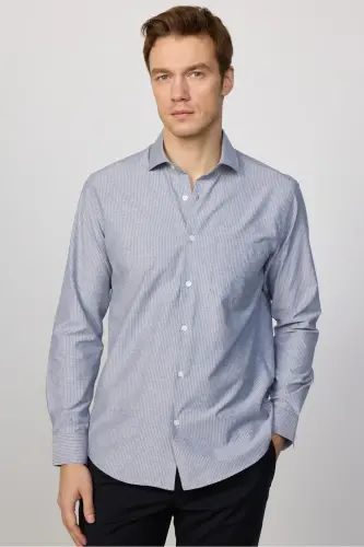 Klasik Fit Uzun Kollu Ince Çizgili Pamuklu Kravatlık Yaka Erkek Gri Gömlek-Gri - 1