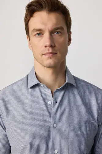 Klasik Fit Uzun Kollu Ince Çizgili Pamuklu Kravatlık Yaka Erkek Gri Gömlek-Gri - TUDORS (1)