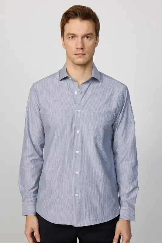 Klasik Fit Uzun Kollu Ince Çizgili Pamuklu Kravatlık Yaka Erkek Gri Gömlek-Gri - 3