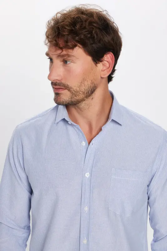 Klasik Fit Uzun Kollu Ince Çizgili Pamuklu Kravatlık Yaka Erkek Mavi Gömlek-Mavi - 2