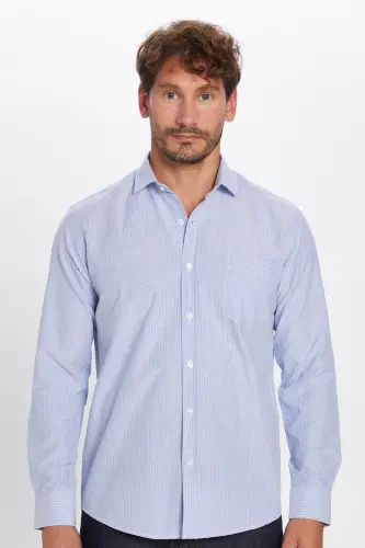 Klasik Fit Uzun Kollu Ince Çizgili Pamuklu Kravatlık Yaka Erkek Mavi Gömlek-Mavi - 3