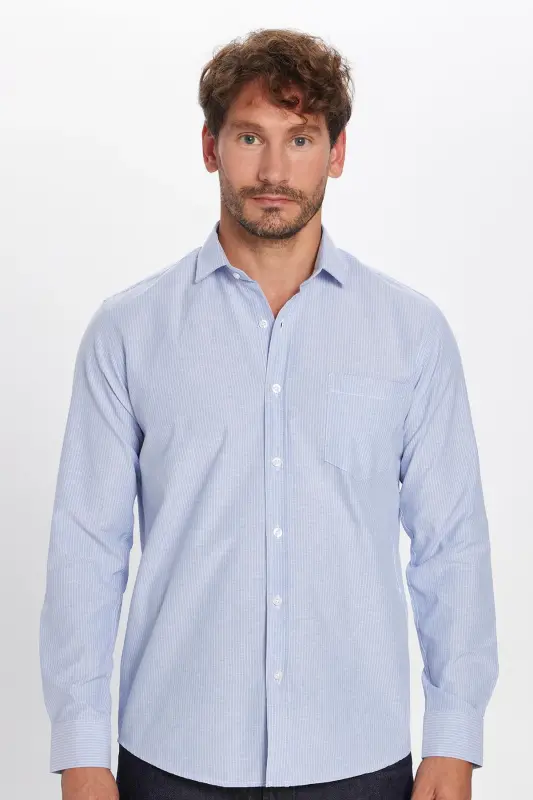 Klasik Fit Uzun Kollu Ince Çizgili Pamuklu Kravatlık Yaka Erkek Mavi Gömlek-Mavi - 3