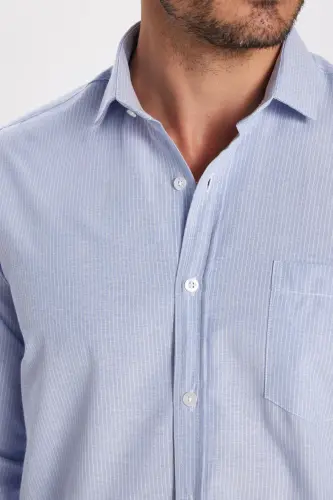 Klasik Fit Uzun Kollu Ince Çizgili Pamuklu Kravatlık Yaka Erkek Mavi Gömlek-Mavi - 4