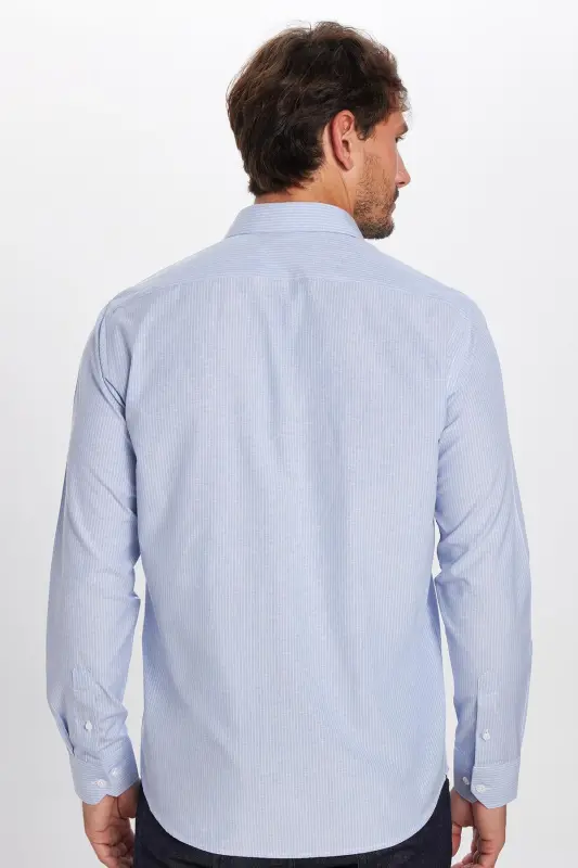 Klasik Fit Uzun Kollu Ince Çizgili Pamuklu Kravatlık Yaka Erkek Mavi Gömlek-Mavi - 5
