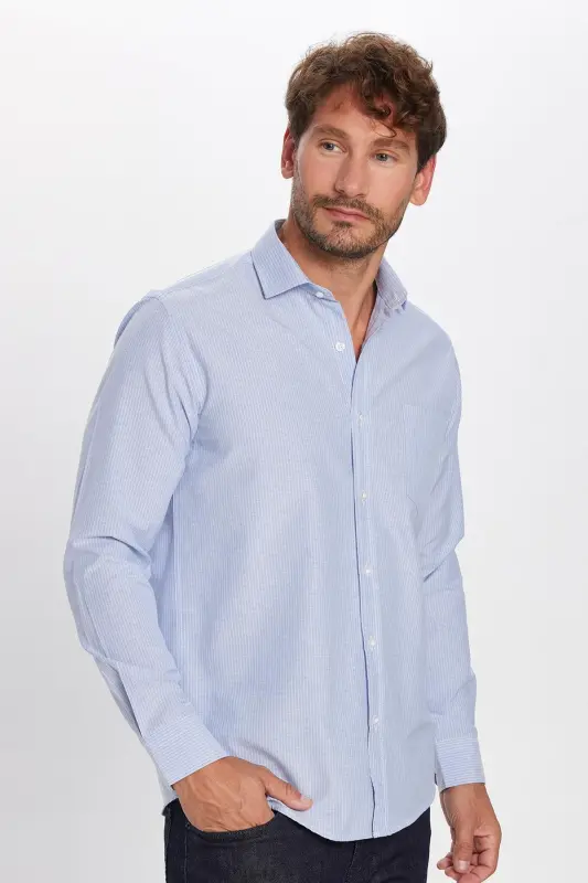 Klasik Fit Uzun Kollu Ince Çizgili Pamuklu Kravatlık Yaka Erkek Mavi Gömlek-Mavi - TUDORS