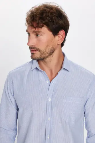 Klasik Fit Uzun Kollu Ince Çizgili Pamuklu Kravatlık Yaka Erkek Mavi Gömlek-Mavi - TUDORS (1)