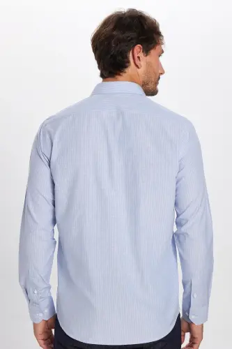 Klasik Fit Uzun Kollu Ince Çizgili Pamuklu Kravatlık Yaka Erkek Mavi Gömlek-Mavi - 5