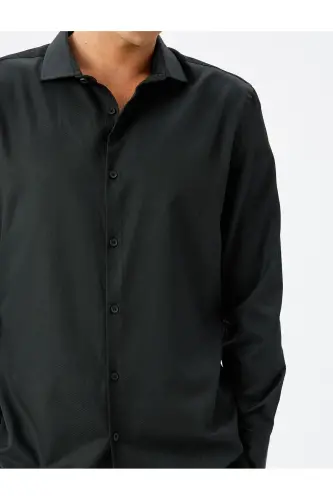 Klasik Gömlek Slim Fit Uzun Kollu Yarım İtalyan Yaka Pamuk Karışımlı-Siyah - 5