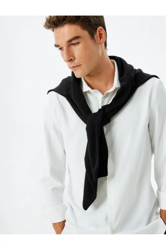 Klasik Gömlek Slim Fit Uzun Kollu Yarım İtalyan Yaka Pamuk Karışımlı - Beyaz - 1