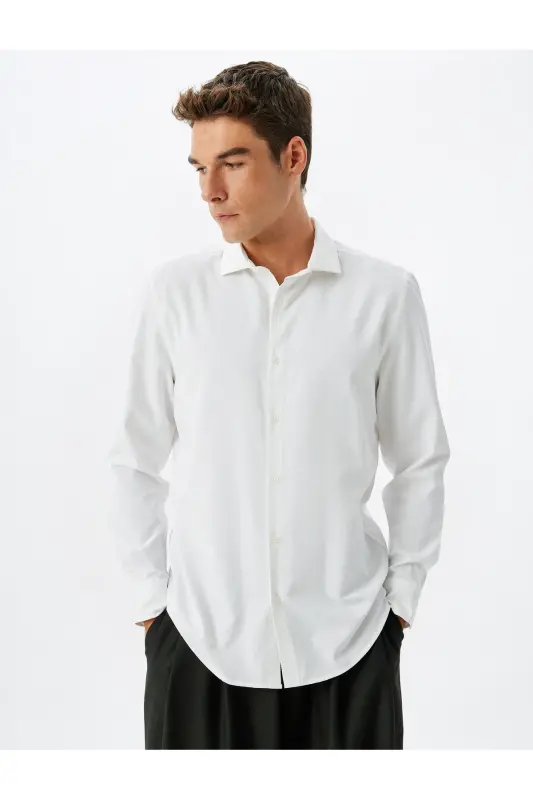 Klasik Gömlek Slim Fit Uzun Kollu Yarım İtalyan Yaka Pamuk Karışımlı - Beyaz - 3