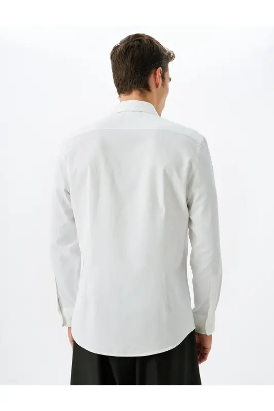 Klasik Gömlek Slim Fit Uzun Kollu Yarım İtalyan Yaka Pamuk Karışımlı - Beyaz - 4