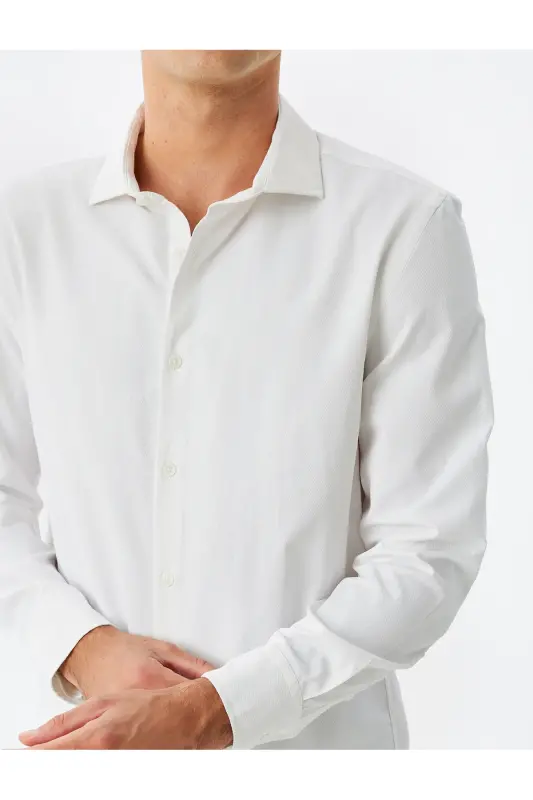 Klasik Gömlek Slim Fit Uzun Kollu Yarım İtalyan Yaka Pamuk Karışımlı - Beyaz - 5