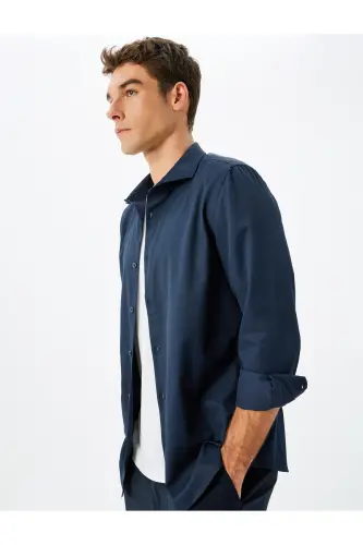 Klasik Gömlek Slim Fit Uzun Kollu Yarım İtalyan Yaka Pamuk Karışımlı - Lacivert - 1