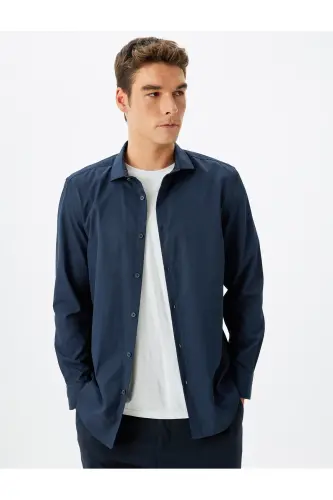 Klasik Gömlek Slim Fit Uzun Kollu Yarım İtalyan Yaka Pamuk Karışımlı - Lacivert - 3
