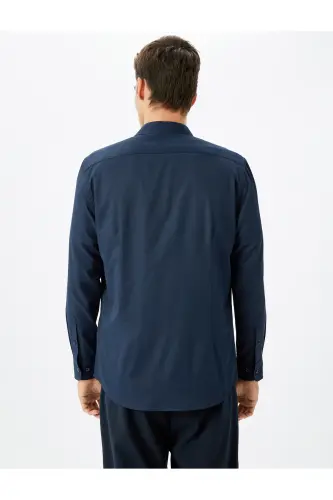 Klasik Gömlek Slim Fit Uzun Kollu Yarım İtalyan Yaka Pamuk Karışımlı - Lacivert - 4