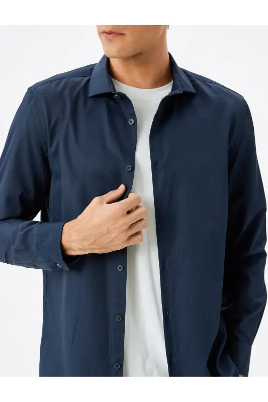 Klasik Gömlek Slim Fit Uzun Kollu Yarım İtalyan Yaka Pamuk Karışımlı - Lacivert - 5