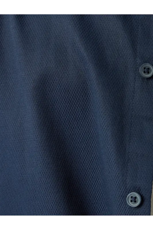 Klasik Gömlek Slim Fit Uzun Kollu Yarım İtalyan Yaka Pamuk Karışımlı - Lacivert - 6
