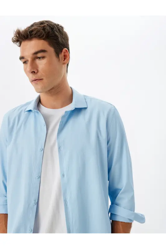 Klasik Gömlek Slim Fit Uzun Kollu Yarım İtalyan Yaka Pamuk Karışımlı - Mavi - KOTON